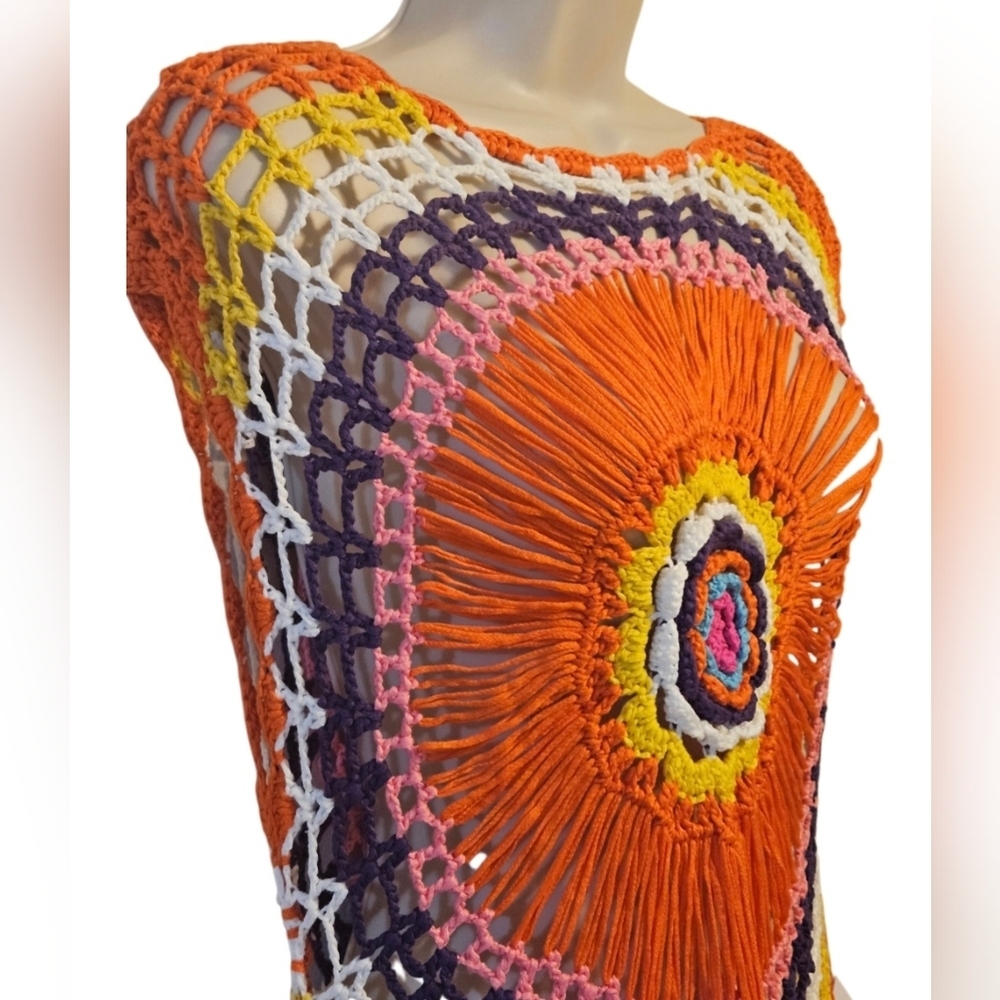 Handmade Rainbow Crochet Summer Dress Grannycore Floral Swimsuit cover-up Tunic - Picture 7 of 17